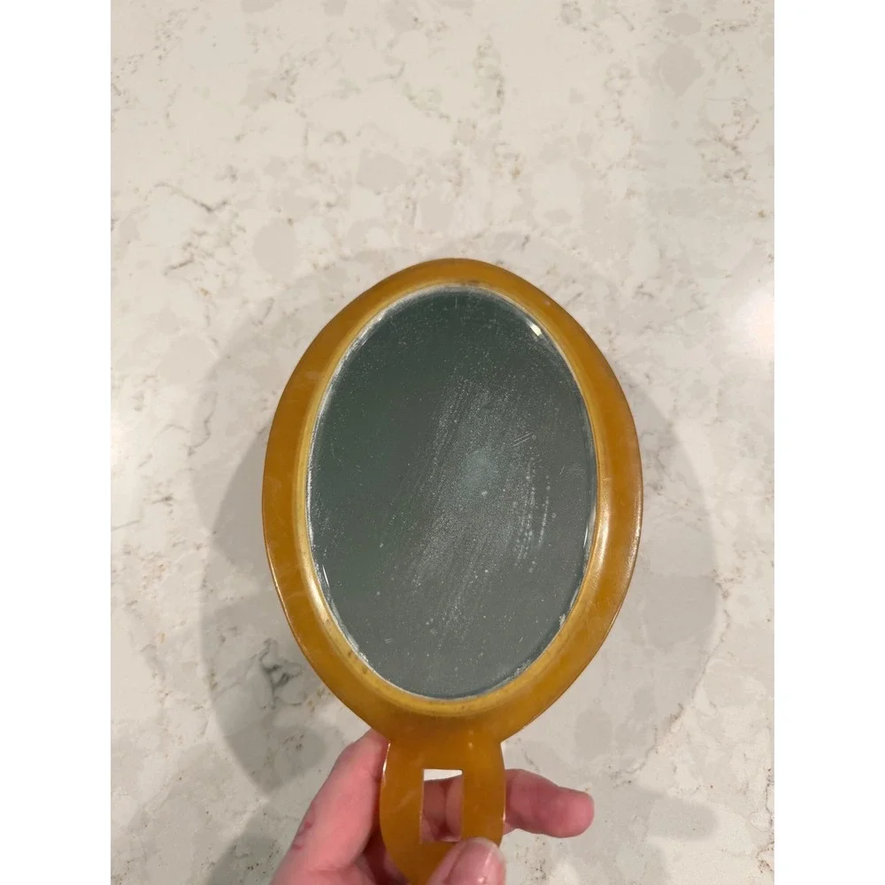 Vintage Art Deco MCM Butterscotch Celluloid Hand Mirror Etched Amber‎ Vanity